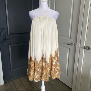 H&M Grecian Style Cream Halter Pleated Mini Dress with Gold Pattern Size S